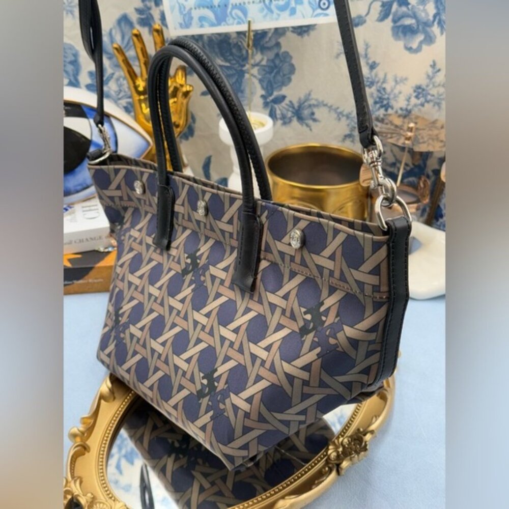 🆕 TORY BURCH 🧿 NWOT Small Basketweave Tote Bag, Cotton Canvas & Leather - AUTH - Picture 6 of 16